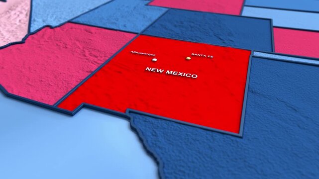 Looped 3D election map animation of the United States zooming into New Mexico state, featuring red, blue, purple and green political outcome variations.