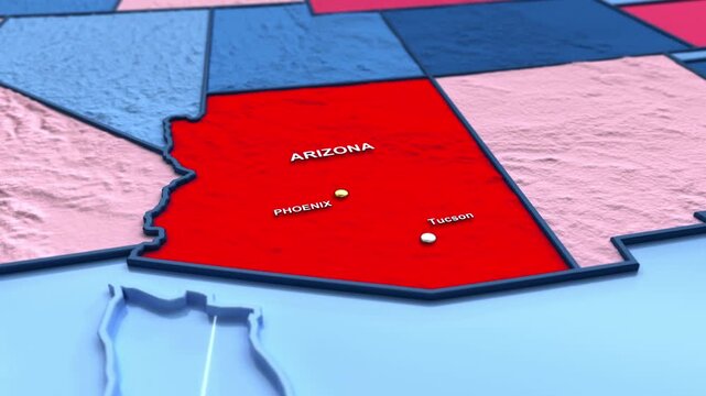 Looped 3D election map animation of the United States zooming into Arizona state, featuring red, blue, purple and green political outcome variations.