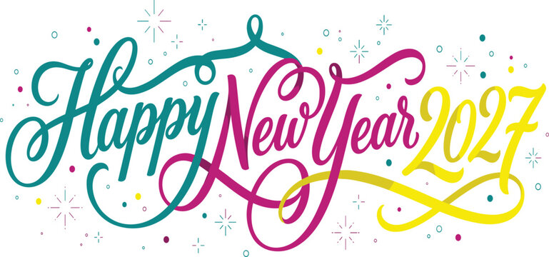 Happy New Year 2027 Elegant Calligraphy Typography Banner Design with Colorful Script Lettering and Scattered Starburst Fireworks Elements for Festive Holiday Celebration Posters