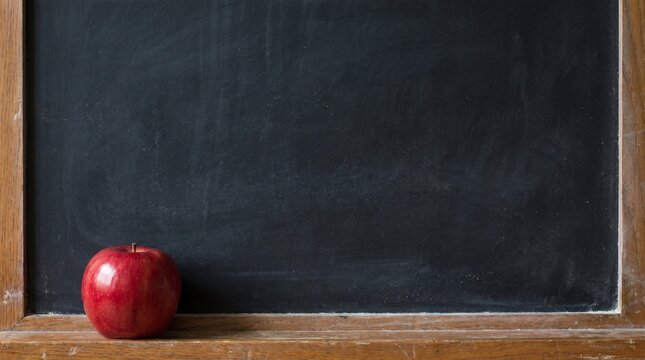 A single, ripe red apple sits on a wooden ledge in front of a blank blackboard, symbolizing learning and knowledge