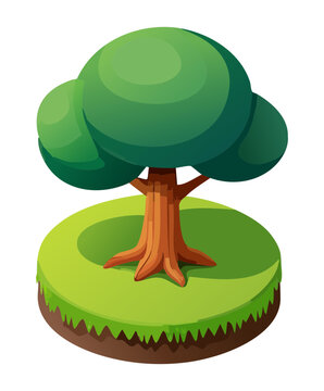 Isometric lush green broadleaf tree illustration with rounded canopy on small grassy hill terrain tile for nature game world building