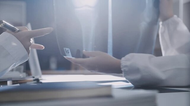 Brunette female clinician in lab coat pointing at laptop screen while making presentation of medical data to group of intercultural colleagues