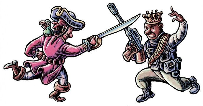 sword fight between pirate and modern black soldier wearing a crown