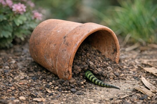 A small green and black striped lizard sitting in a clay pot
