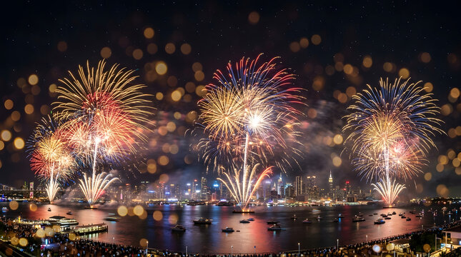 Spectacular holiday illumination and decoration concept background vibrant fireworks over city skyline at night