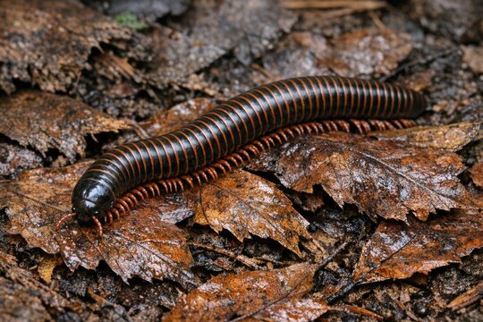 A close-up shot of a millipede found on the forest floor