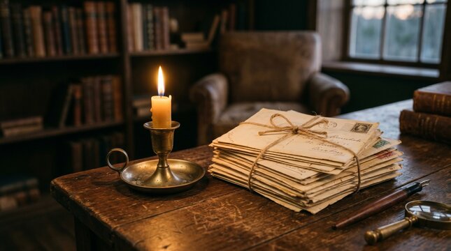 A stack of old letters tied with twine and a lit candle on a wooden desk in a library
