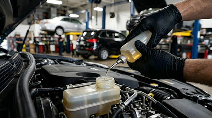Fototapeta premium Professional mechanic in black nitrile gloves pouring clean brake fluid from a bottle into a car engine reservoir inside a busy automotive service station with vehicle lifts in the background.