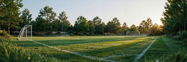 soccer pitch in a spacious garden during early morning, green grass, soft golden sunlight, trees surrounding the field, natural atmosphere © STUDIO
