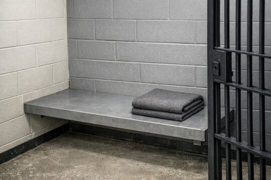 Prison cell interior with a towel on the bench, suitable for use in criminal or justice-themed projects