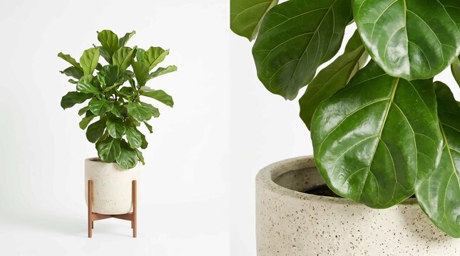 Vibrant green fiddle leaf fig plant growing in a speckled ceramic pot with wooden stand