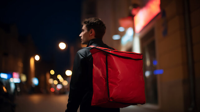 Young man with large red delivery backpack on an urban street at night, walking confidently, ready to fulfill orders for customers