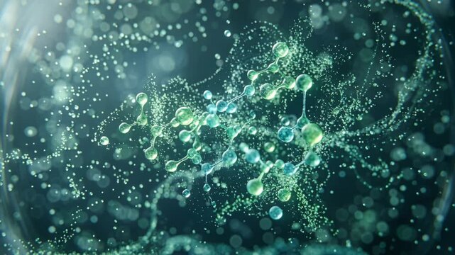 Ultra minimal green chemistry molecular structure floating and suspended fluid with glowing particles and soft focus molecular network conveying