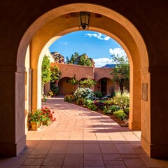 Obraz premium A serene courtyard view through an arched walkway with lush greenery and flowers