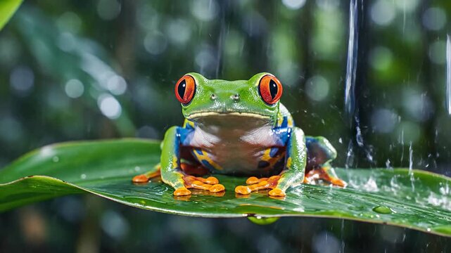 Vibrant Red-Eyed Tree Frog Perched on Lush Green Leaf in Rainforest