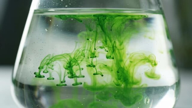 Ultra minimal green chemistry swirl ink in clear water creating elegant organic shapes and soft motion with delicate plume and gentle liquid abstract