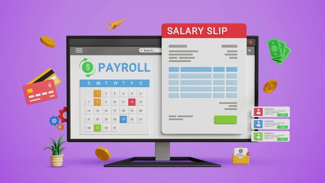 Payroll Management System. Salary Slip, Employee Compensation, HR Software, Wage Calculation, Pay Slip Processing, Fintech, Workforce Administration. Computer with Payroll Cycle Interface Screen. 3D