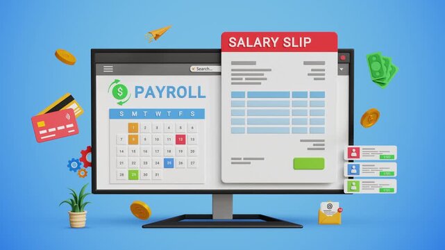 AI Payroll System. Salary Data, Payroll Cycle, Budgeting Graphs, Salary Slip. Digital Finance Management Concept. Payroll, Calendar and Salary Slip on Computer Screen. 3D Video Animation