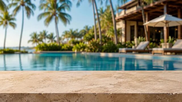 A empty stone table with a tropical resort pool, palm trees, and lounge chairs in the background. 