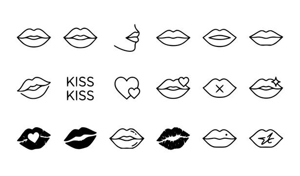 Modern lips and kiss outline icon collection with editable stroke vector illustrations