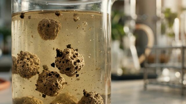 Soil remediation chemistry green beads suspended in liquid sediment porous pellets floating cloudy lab experiment demonstrating environmental cleanup