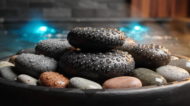 Spa scene of hot basalt stones with water droplets in black bowl with glowing blue and orange water background