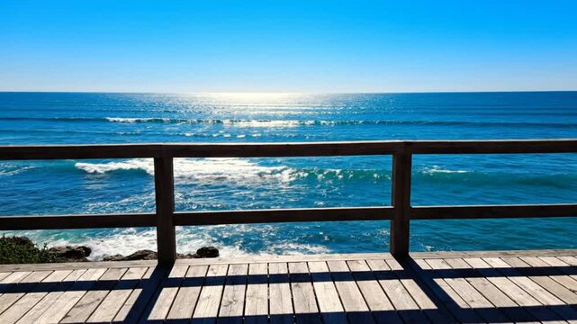 Tranquil ocean view from wooden deck with sunlit blue water and clear sky on a beautiful day