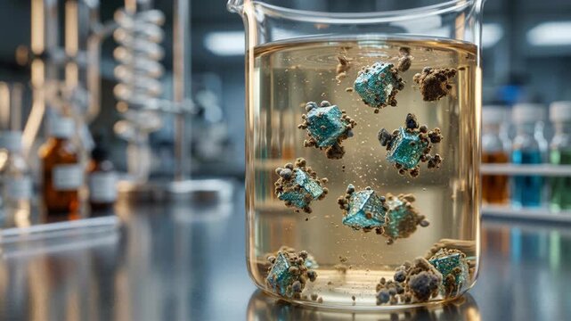 Soil remediation chemistry green lab beaker nanoparticle contaminant cleanup catalyst suspension experiment analysis with suspended mineral particles