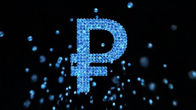 Shining Blue Russian Ruble Symbol Sparkling on Black Background, Currency and Finance Concept