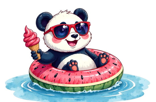 Cute panda enjoying summer in a watermelon float with ice cream in hand