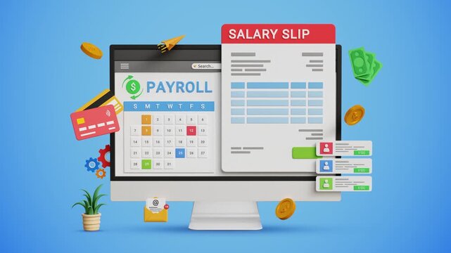 AI Payroll System. Salary Data, Payroll Cycle, Budgeting Graphs, Salary Slip. Digital Finance Management Concept. Payroll, Calendar and Salary Slip on Computer. 3D Video Animation