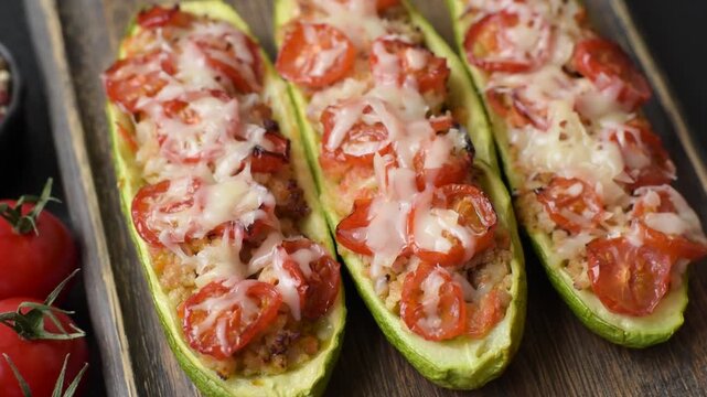 Baked zucchini half with minced meat, tomatoes, cheese, salt, and spices. Zucchini with minced meat and tomatoes as a food background for your design