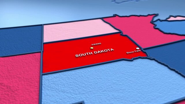 Looped 3D election map animation of the United States zooming into South Dakota state, featuring red, blue, purple and green political outcome variations.