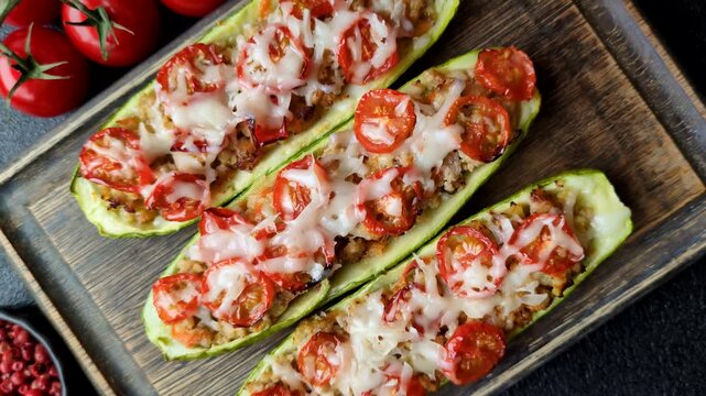 Baked zucchini half with minced meat, tomatoes, cheese, salt, and spices. Zucchini with minced meat and tomatoes as a food background for your design