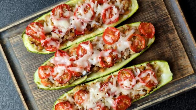 Baked zucchini half with minced meat, tomatoes, cheese, salt, and spices. Zucchini with minced meat and tomatoes as a food background for your design