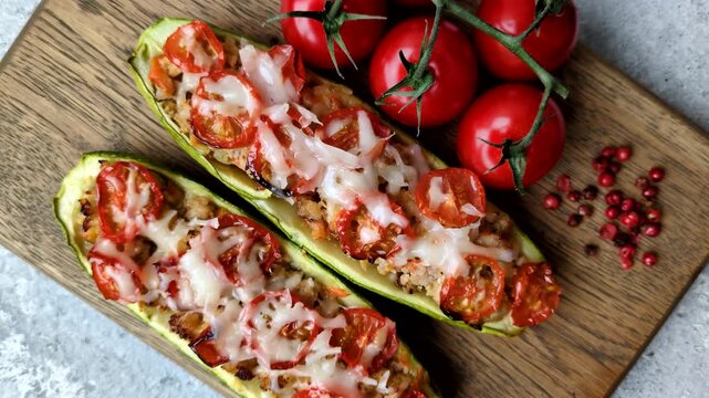 Baked zucchini half with minced meat, tomatoes, cheese, salt, and spices. Zucchini with minced meat and tomatoes as a food background for your design