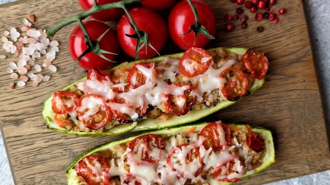 Baked zucchini half with minced meat, tomatoes, cheese, salt, and spices. Zucchini with minced meat and tomatoes as a food background for your design