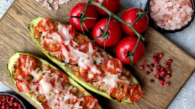 Baked zucchini half with minced meat, tomatoes, cheese, salt, and spices. Zucchini with minced meat and tomatoes as a food background for your design