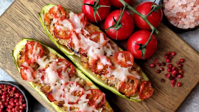 Baked zucchini half with minced meat, tomatoes, cheese, salt, and spices. Zucchini with minced meat and tomatoes as a food background for your design