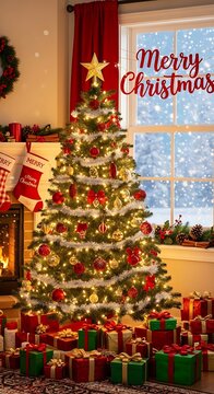 Festive christmas scene decorated tree gifts fireplace and cozy holiday decor