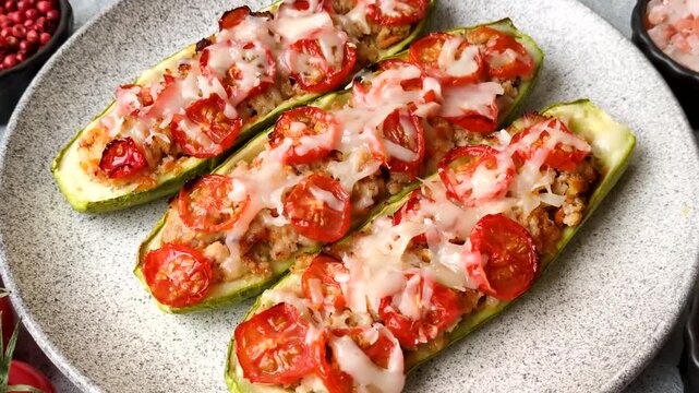 Baked zucchini half with minced meat, tomatoes, cheese, salt, and spices. Zucchini with minced meat and tomatoes as a food background for your design
