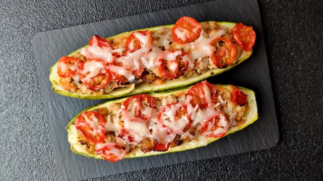 Baked zucchini half with minced meat, tomatoes, cheese, salt, and spices. Zucchini with minced meat and tomatoes as a food background for your design