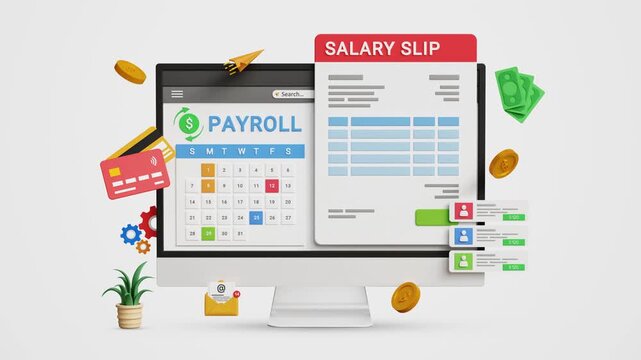Payroll Management System. Salary Processing, Salary Automation, Payment Scheduling, Online Payroll Software, Fintech, Digital HR Solutions. Payroll Cycle Dashboard with Salary Slip on a Computer. 3D