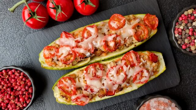 Baked zucchini half with minced meat, tomatoes, cheese, salt, and spices. Zucchini with minced meat and tomatoes as a food background for your design