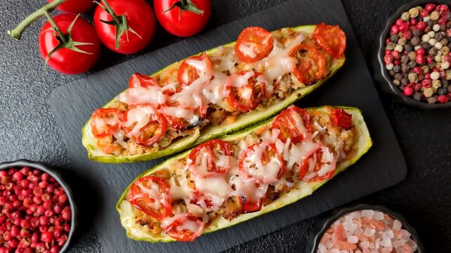 Baked zucchini half with minced meat, tomatoes, cheese, salt, and spices. Zucchini with minced meat and tomatoes as a food background for your design