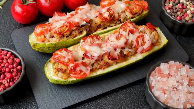 Baked zucchini half with minced meat, tomatoes, cheese, salt, and spices. Zucchini with minced meat and tomatoes as a food background for your design