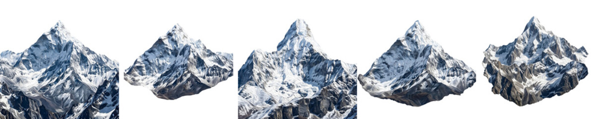 Collection of Five Majestic Snow-Capped Mountain Peaks Isolated on White Background, Stunning Alpine Landscape Elements for Adventure, Travel, and Nature Design Themes © Dynamic Shoots