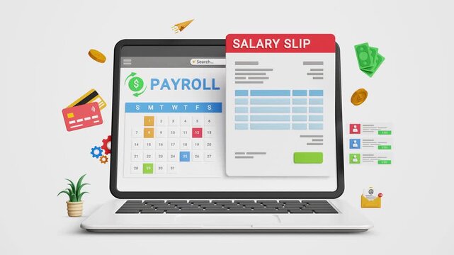 Payroll Management System. Salary Processing, Salary Automation, Payment Scheduling, Online Payroll Software, Fintech, Digital HR Solutions. Payroll Cycle Dashboard with Salary Slip on a Laptop. 3D