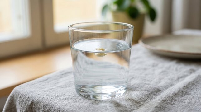 A clear glass of pure water on a linen tablecloth near a window
