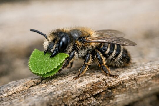 A close-up of a bee holding a leaf in its mouth, great for nature and wildlife photography